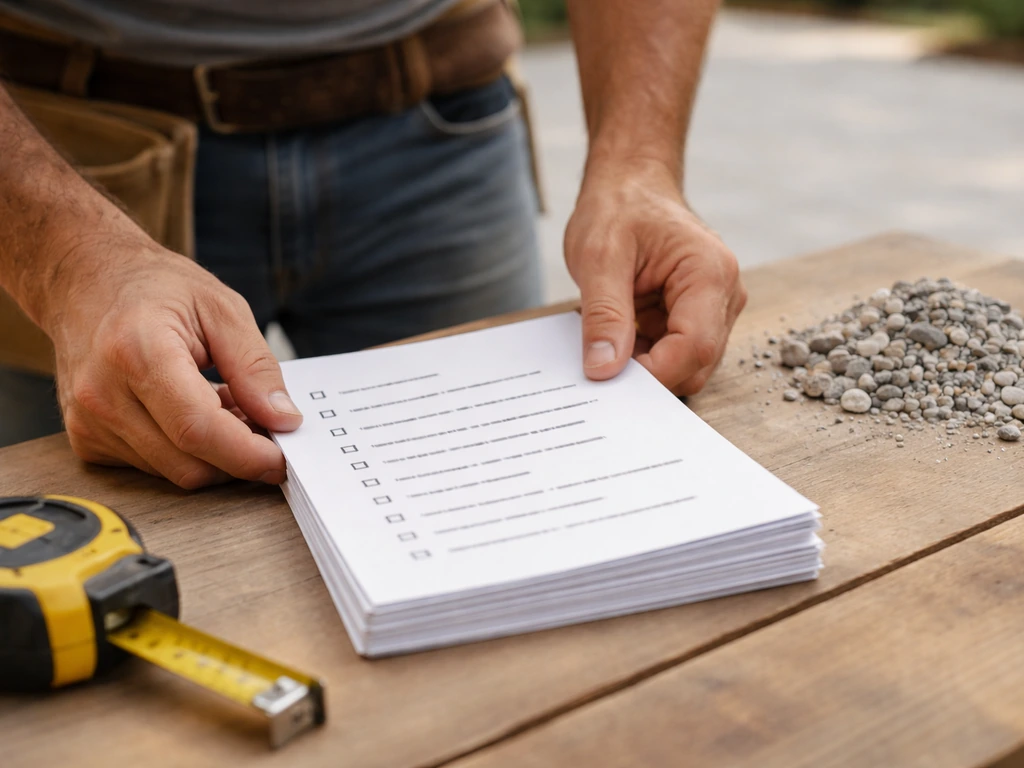 Minimal photo of a patio bid checklist with items for excavation, fill, retaining wall, and drainage.