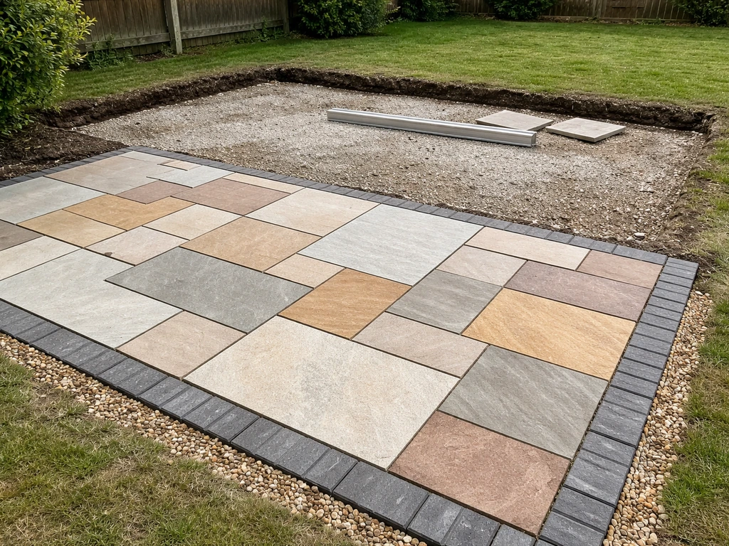 Newly laid mixed paving patio with neat edging and gravel sub-base in a UK garden background.