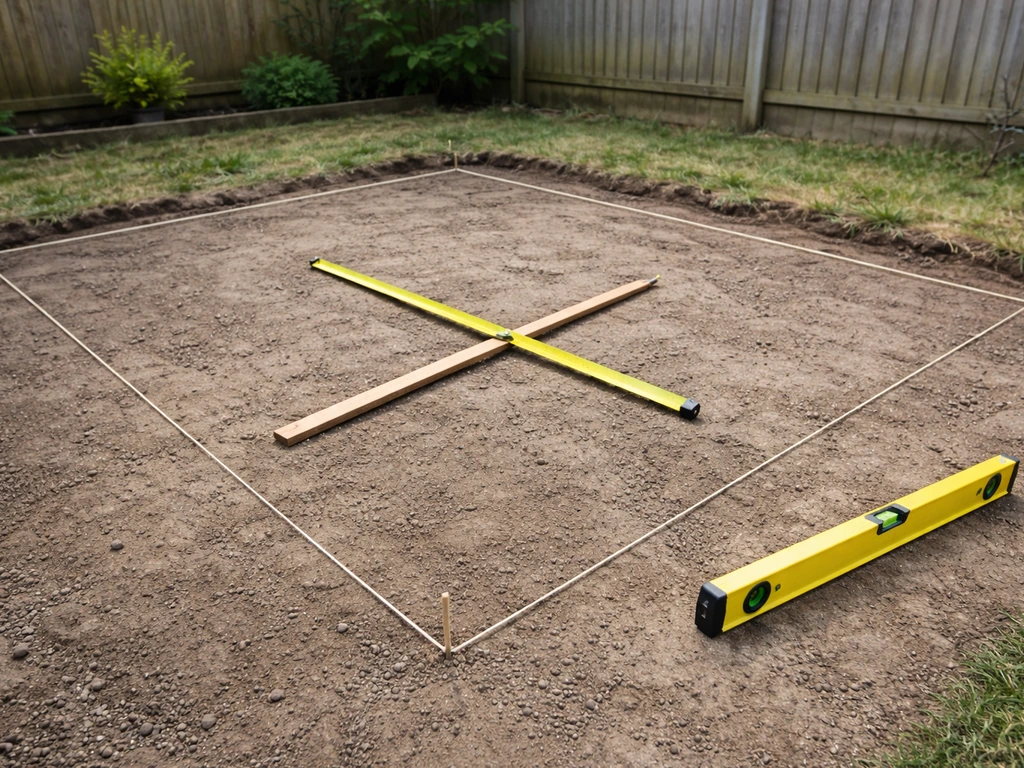 Yardstick and tape measure placed over an outlined patio base area to show common UK patio sizes in m².