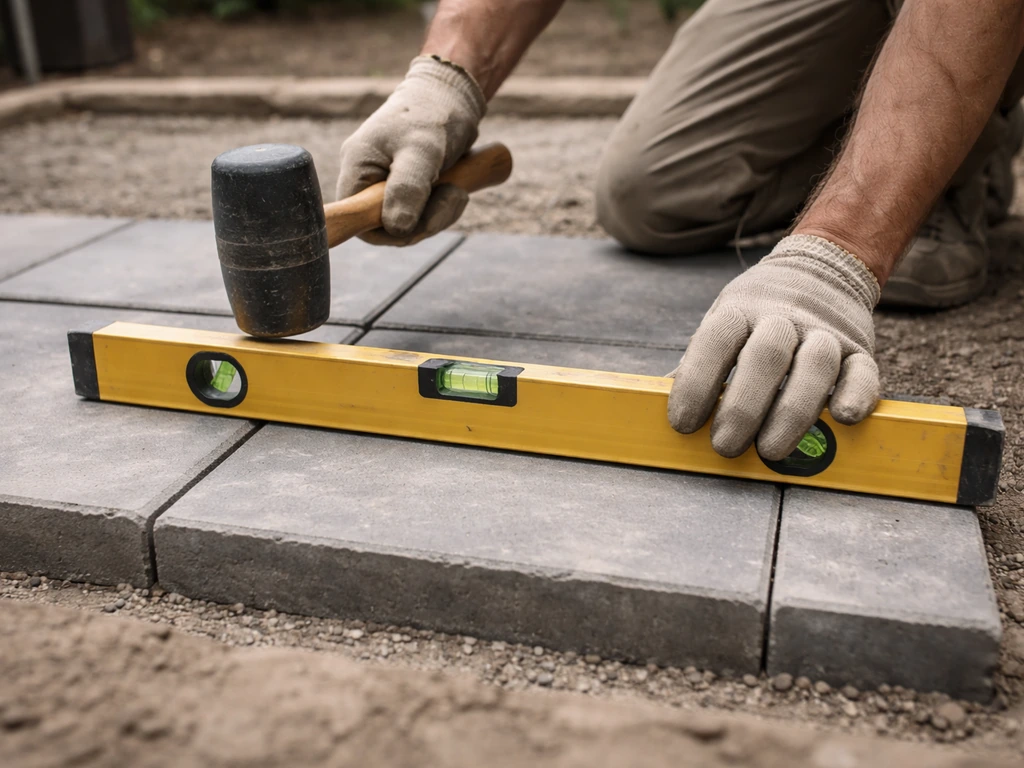 Anonymous landscaper tapping paving slabs with a rubber mallet and checking alignment using a spirit level.