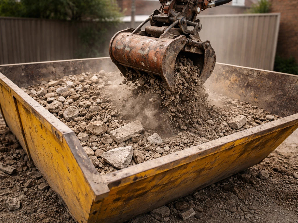 Excavated soil and rubble being loaded into a metal skip for patio dig-out disposal.