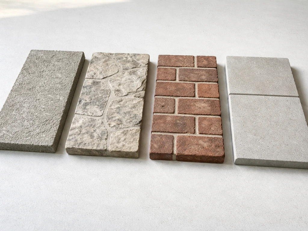 Minimal close-up lineup of patio material samples: concrete paving, natural stone, brick pavers, and concrete slabs.