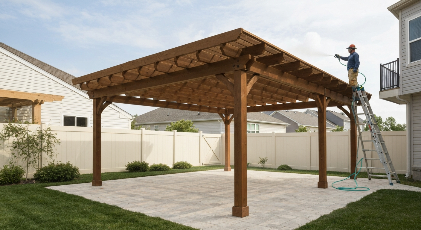 Professional painter using an airless sprayer to paint a wood patio cover (pergola) in a backyard