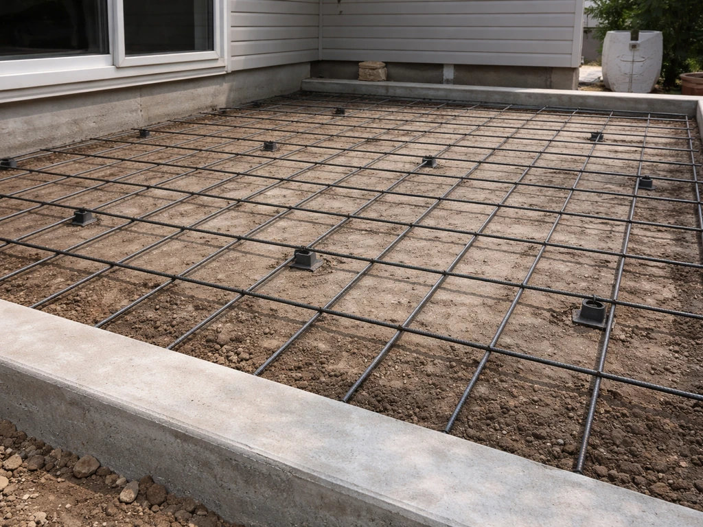 Rebar or welded wire mesh grid installed on spacers for a patio extension before concrete is poured.
