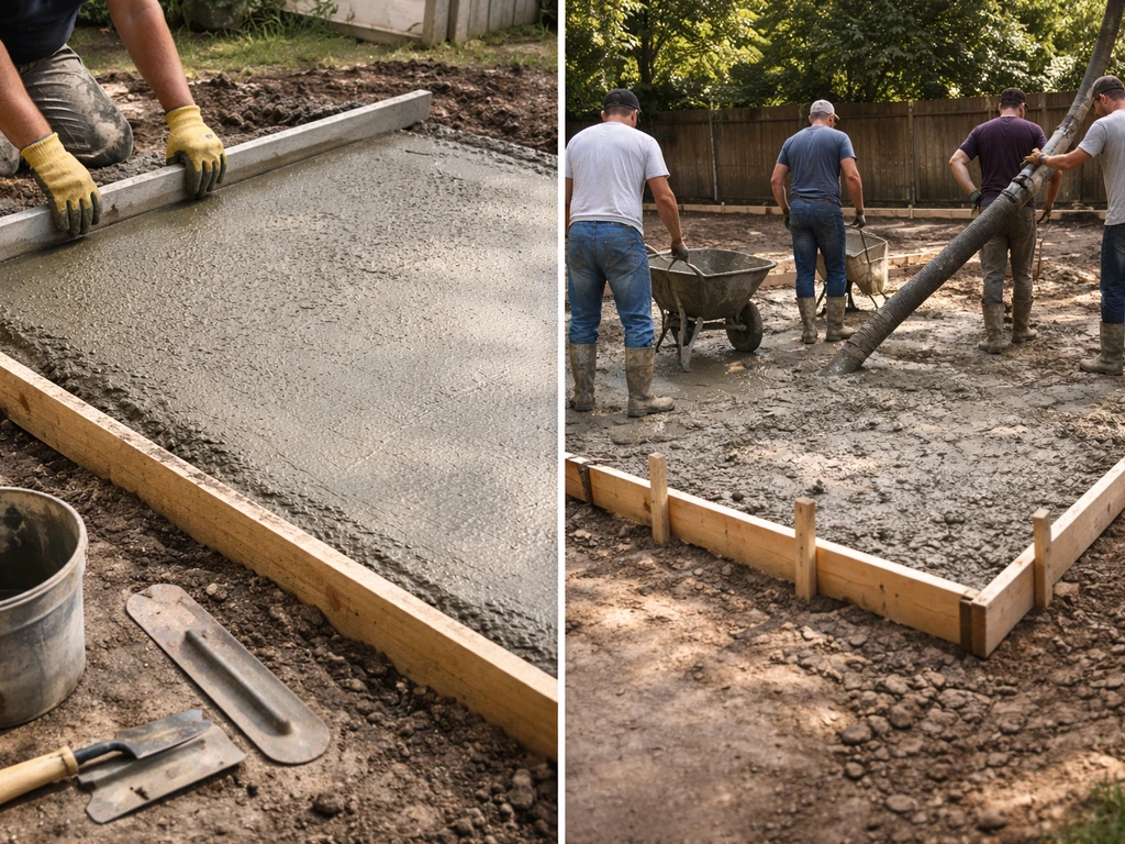 Split image: DIY concrete extension tools beside a pro crew preparing a larger pour, outdoors