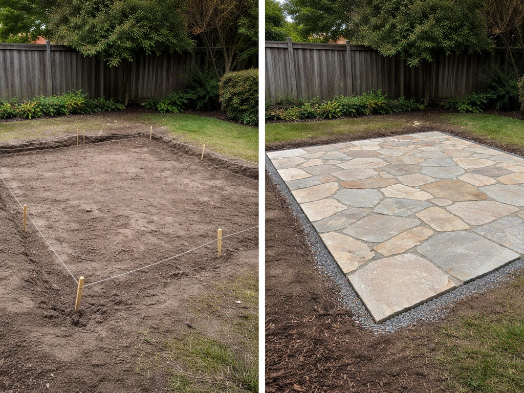 Split view of bare ground marked for a patio transforming into a finished flagstone patio with depth markers.
