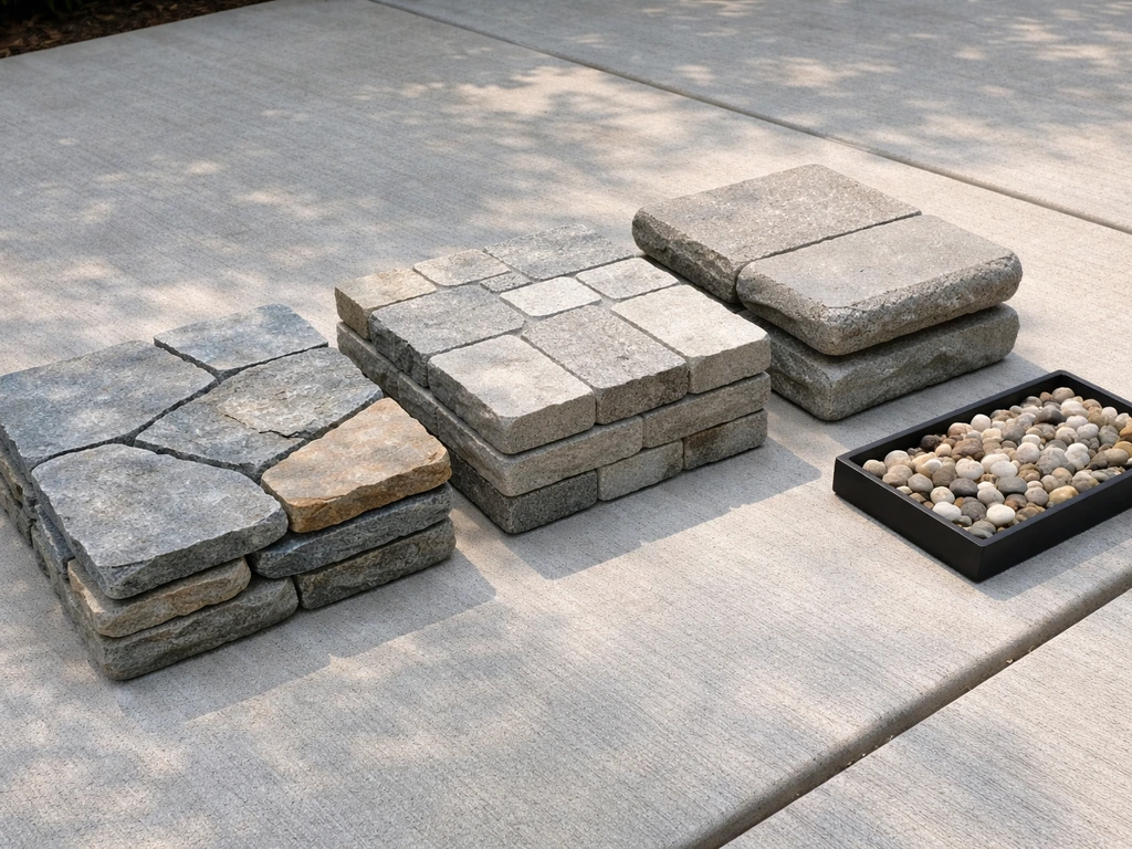 Three organized stacks of different patio stone textures on a concrete surface.