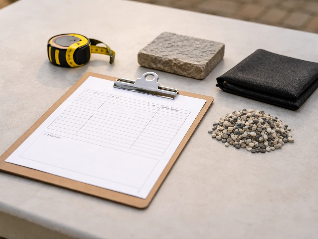 Minimal worktable with an itemized quote paper, measuring tape, stone, gravel, and geotextile samples.