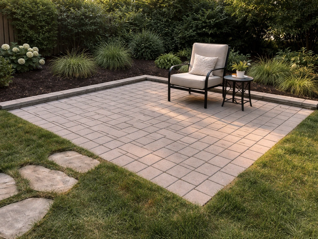 Finished small backyard patio with clear 10x10-style square layout and paver surface under soft daylight.