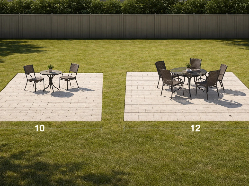 Side-by-side 10x10 and 12x12 patio areas with matching furniture and visible size boundaries.