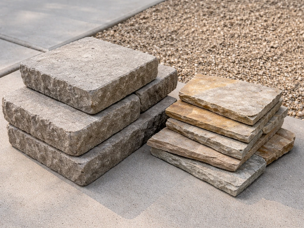 Close-up of concrete paver and flagstone pieces with a small bed of sand/gravel on a concrete slab.