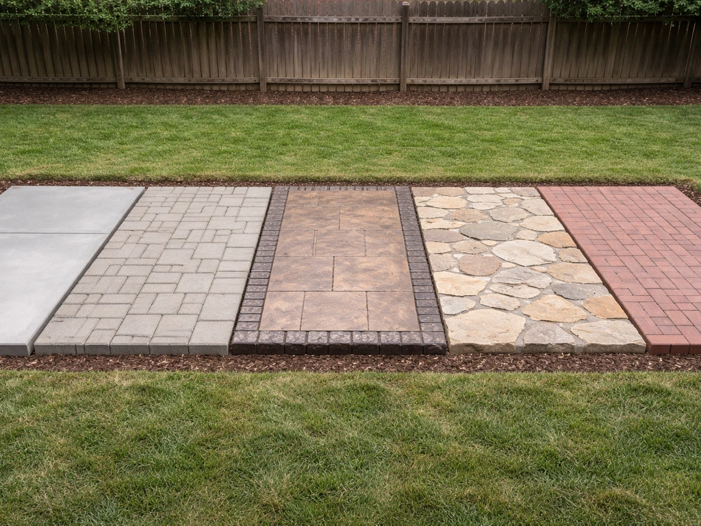 Row of small patio sections showing concrete slab, pavers, stamped concrete, flagstone, and brick textures.