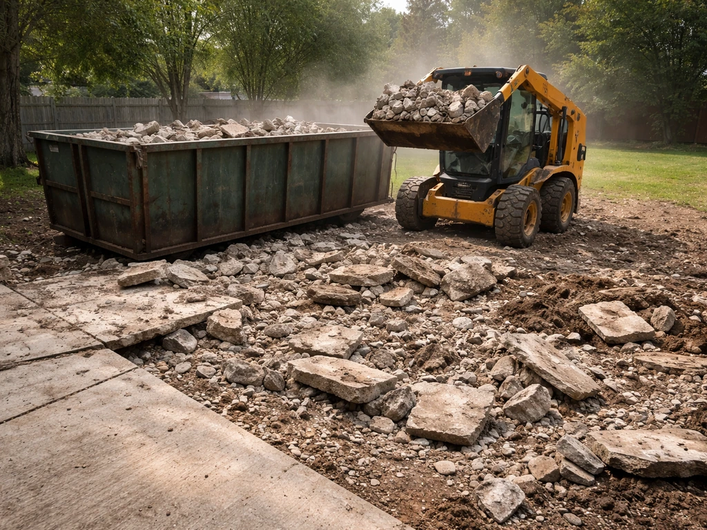 Old concrete patio being demolished with rubble on the ground and a nearby roll-off dumpster.
