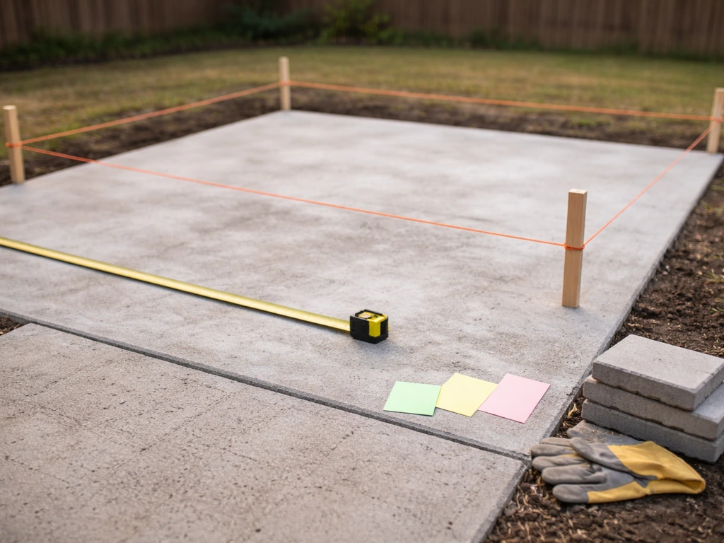 Measuring tape and stakes set out on a patio, with small pavers nearby for a pricing guide scene.