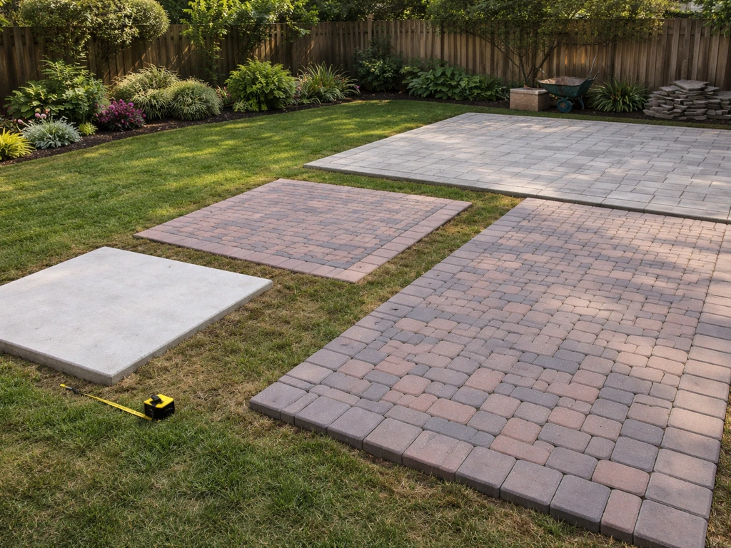 Minimal backyard showing concrete and paver patio areas of increasing sizes with a tape measure.