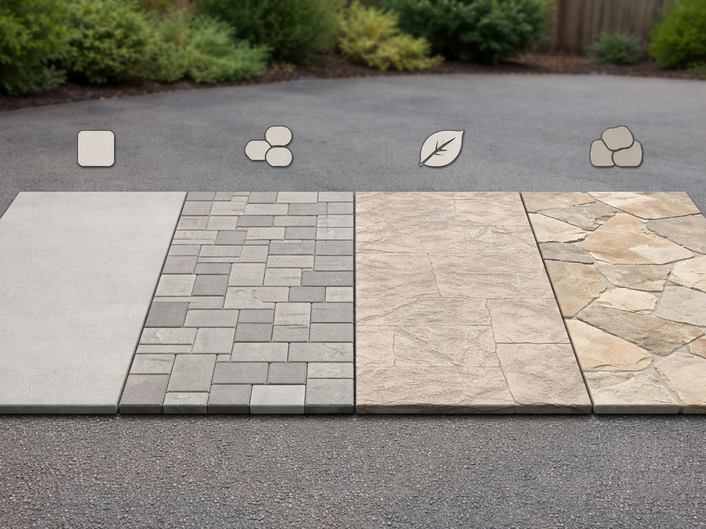 Side-by-side outdoor patio material samples showing concrete, pavers, stamped concrete, and flagstone textures.