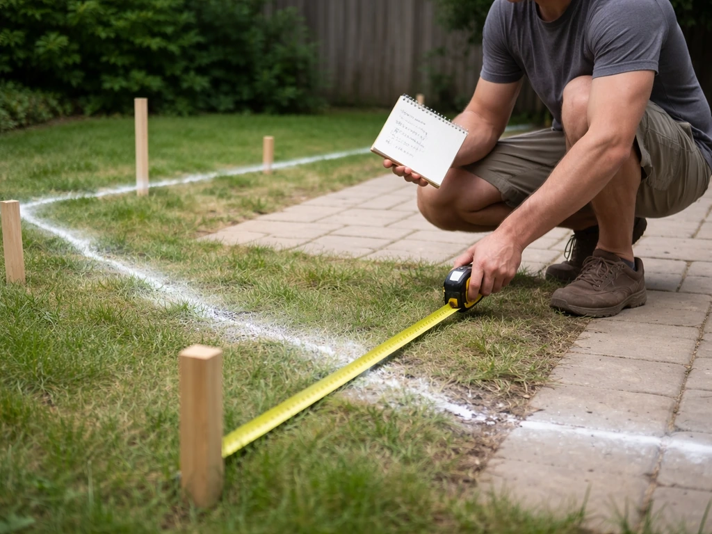 Homeowner kneeling to measure a patio with a tape measure and marked stakes, with a notepad nearby.