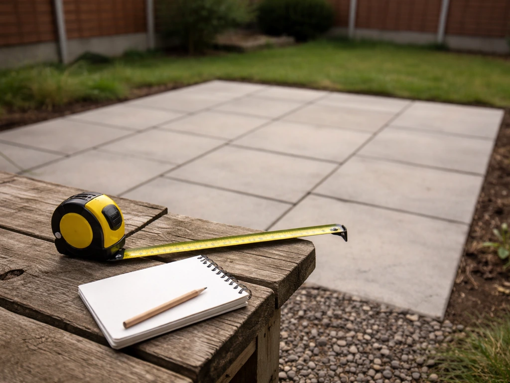 Minimal photo of a UK backyard patio with a tape measure and estimate notebook on a workbench