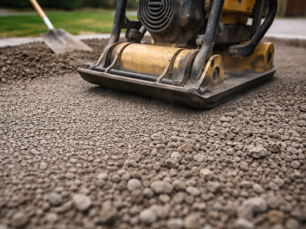 Plate compactor compressing MOT Type 1 sub-base while aggregate is levelled for a resin bound patio