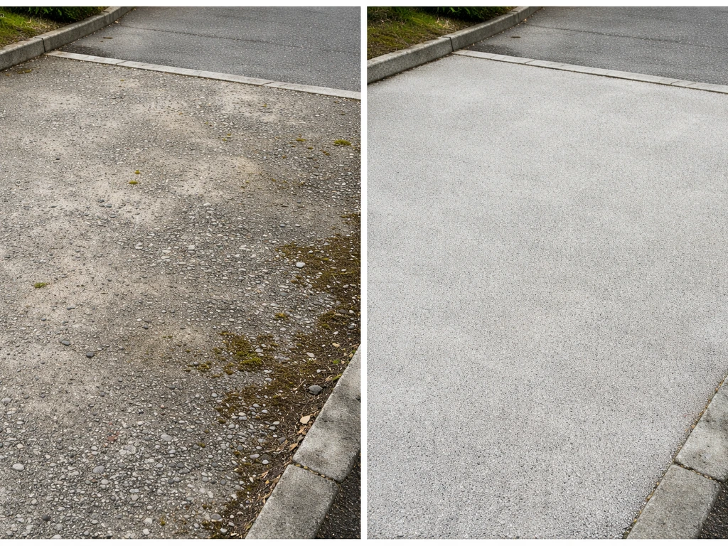 Split before-and-after style photo showing an uneven base needing prep versus a cleaned flat base ready for resin bound
