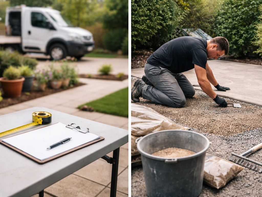 Split scene of site survey tools versus a specialist preparing a resin-bound patio with trowel and aggregate.