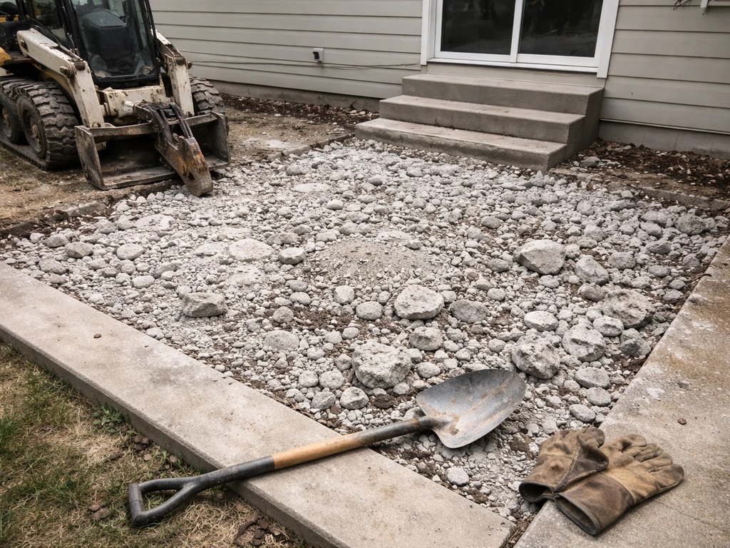 Contractor pricing cue: small broken 10x10 concrete patio with compact tools and rubble in daylight