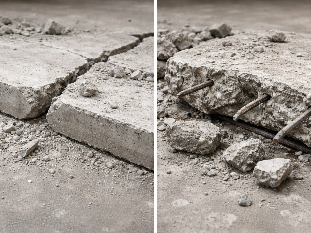 Close-up of concrete demolition showing a thin slab crack and a thicker reinforced slab with exposed rebar.