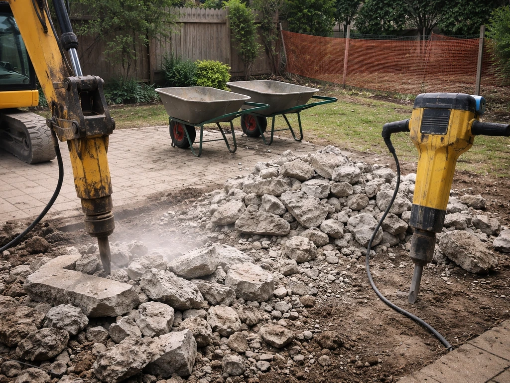 Jackhammer and wheelbarrows beside broken concrete debris in a backyard demolition area.