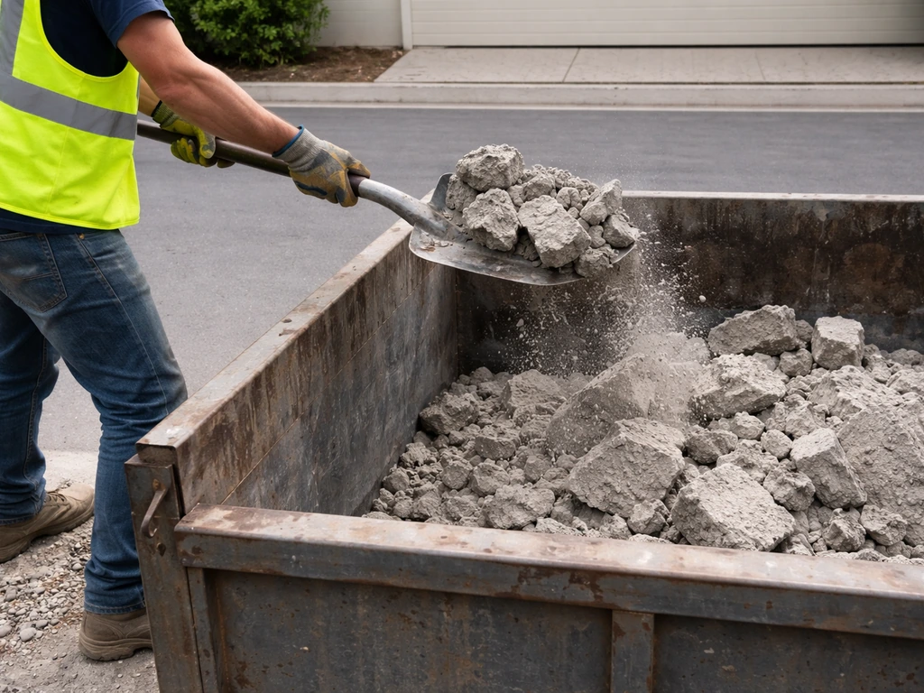 Worker loads broken concrete debris into a dumpster beside a driveway for disposal