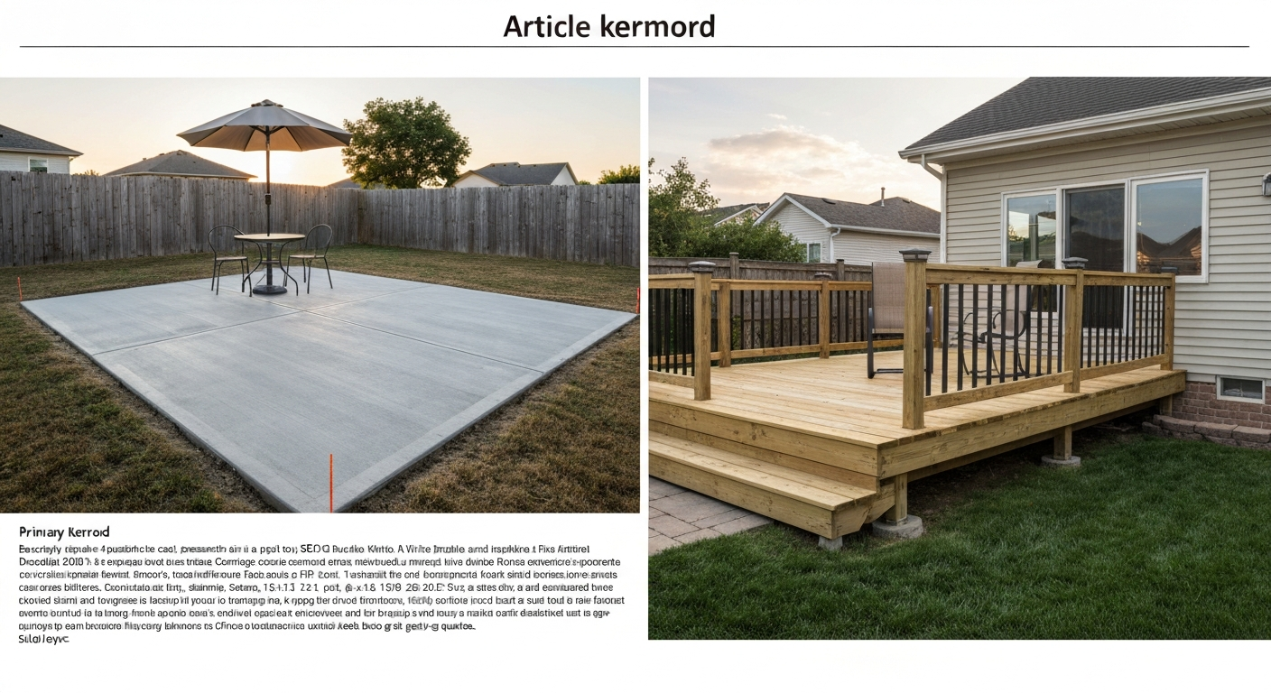 Split-view backyard: poured concrete patio at ground level on the left and a slightly elevated pressure-treated wood deck on the right, showing the material and structural differences.