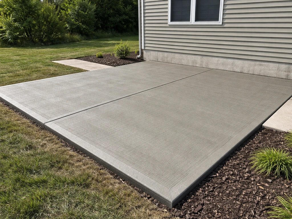 New broom-finished concrete patio beside a home, crisp wide view in natural daylight.