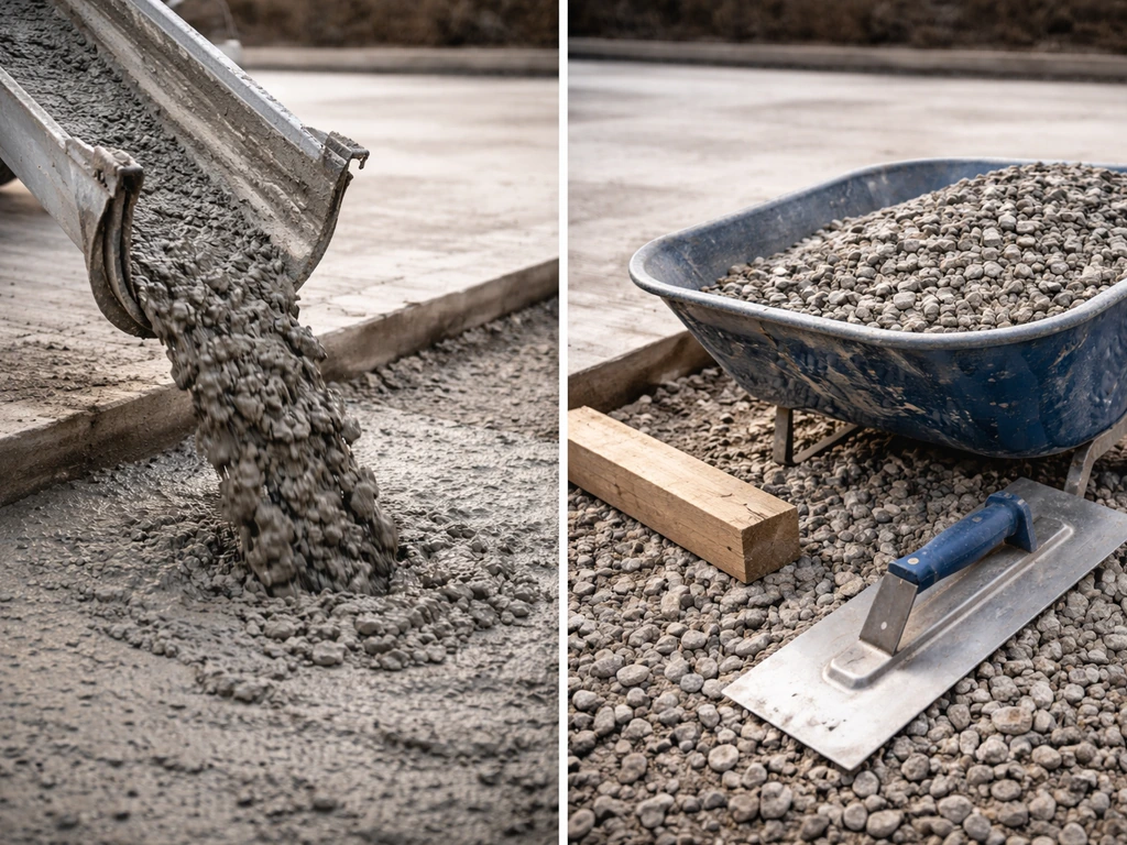 Split view of concrete delivery and gravel base with tools for pouring a patio.