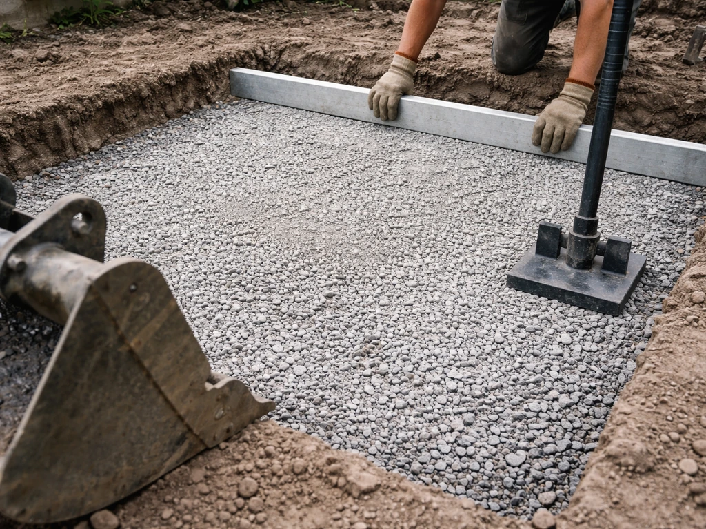 Excavation and hand leveling of a compacted gravel base for a concrete patio.