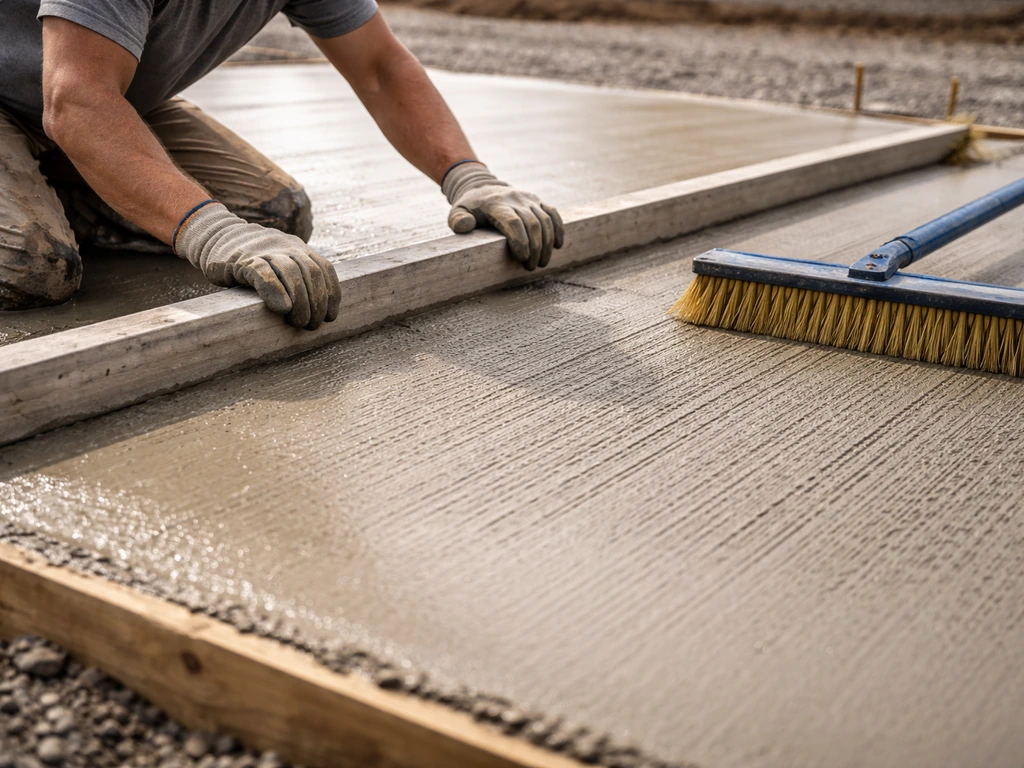 Worker screeds and broom-textures a freshly poured concrete slab outdoors, with wet sheen on the surface.