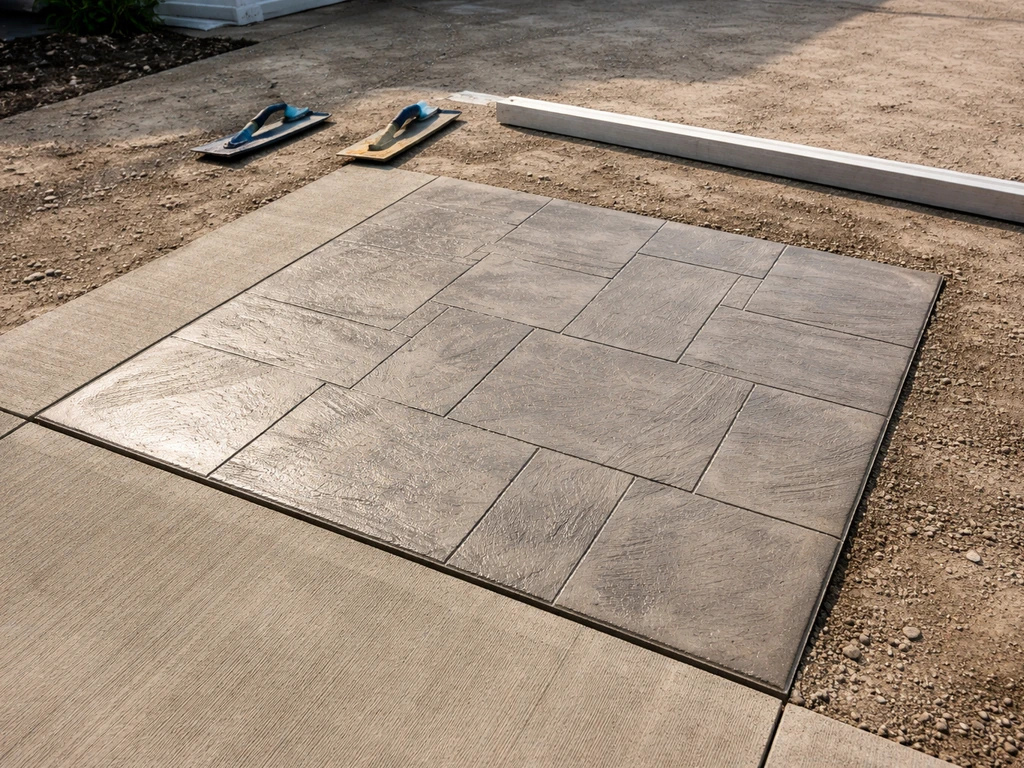 Fresh stamped concrete panel on a driveway showing detailed texture with a nearby broom-finished strip.