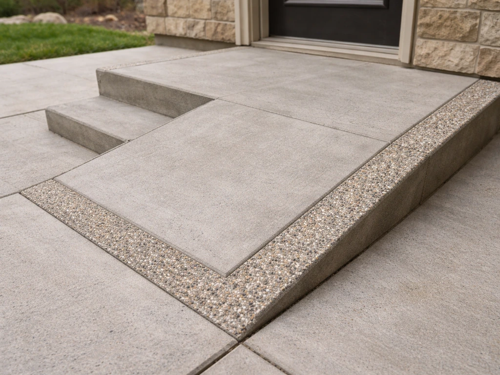 Close-up of a concrete step-and-ramp transition with contrasting edge details on a small patio
