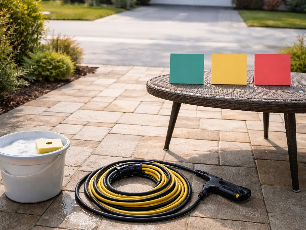 Clean patio with hose and soapy bucket, with three blank colored cards suggesting price ranges.