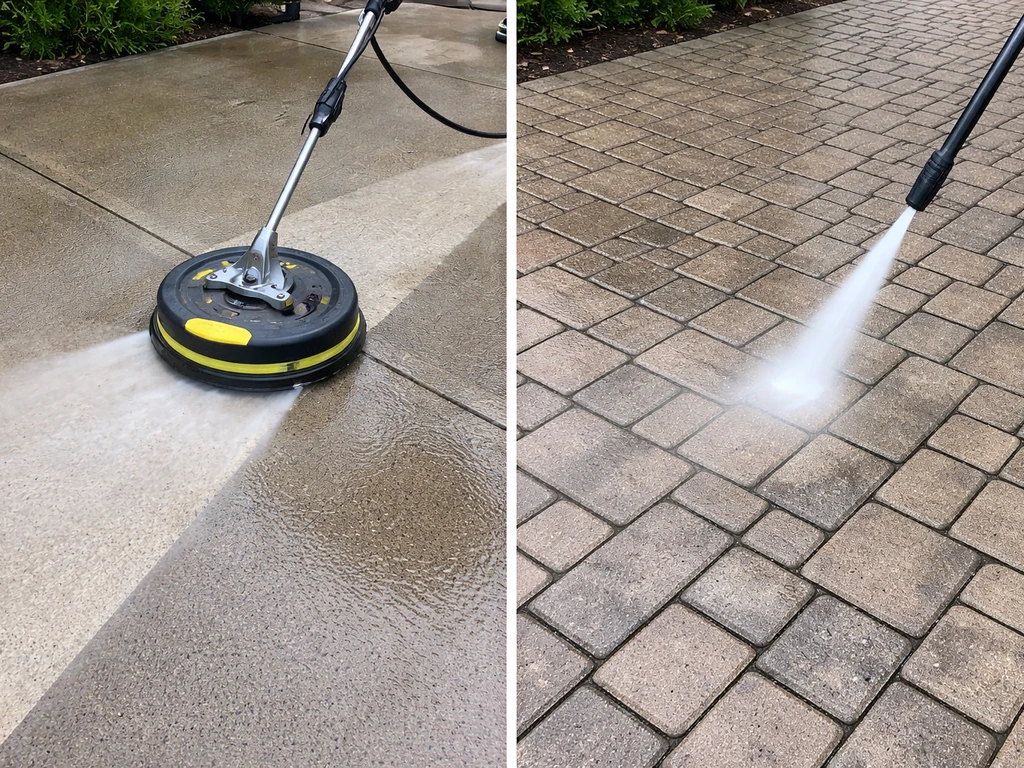 Concrete and paver patio sections being pressure washed side-by-side with a surface cleaner attachment.
