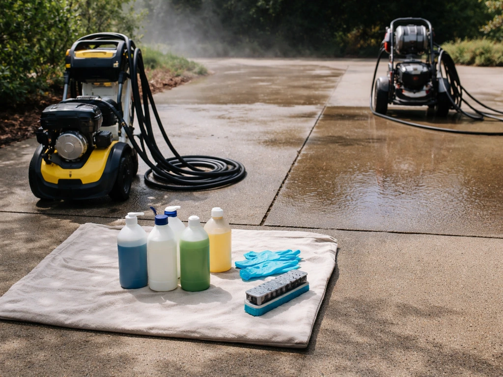 Rented pressure washer and DIY supplies next to a pro-grade setup on a driveway with clean wet concrete.