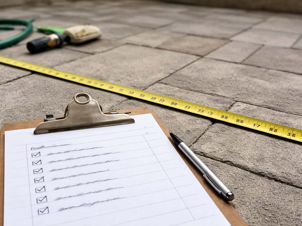Checklist paper with measurement tape on an outdoor patio, with cleaning tools nearby.