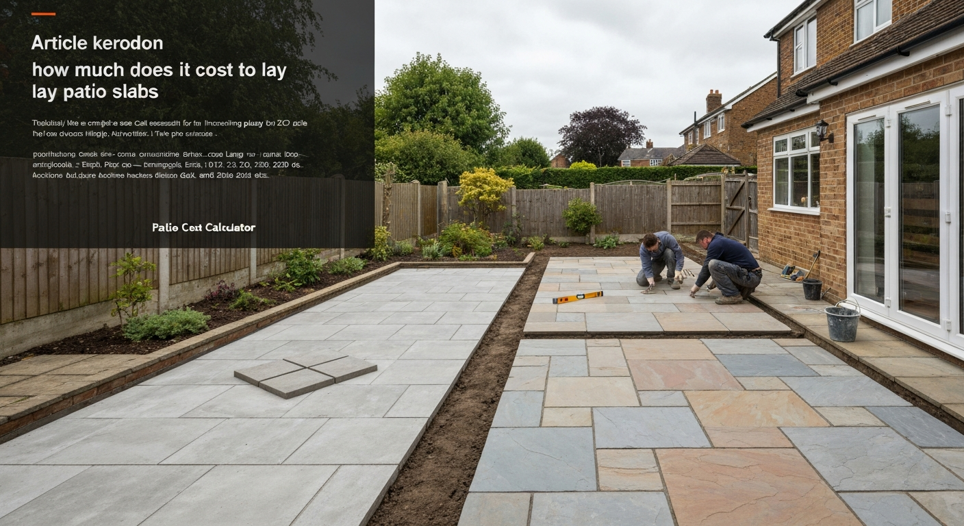 Wide-angle photo of a newly installed garden patio showing sections in concrete, porcelain, sandstone and slate with two tradespeople finishing the work.