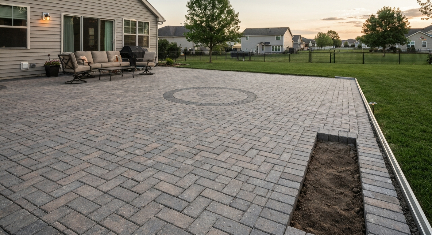Finished interlock patio (concrete pavers) in a backyard showing pattern, edging, and seating area.
