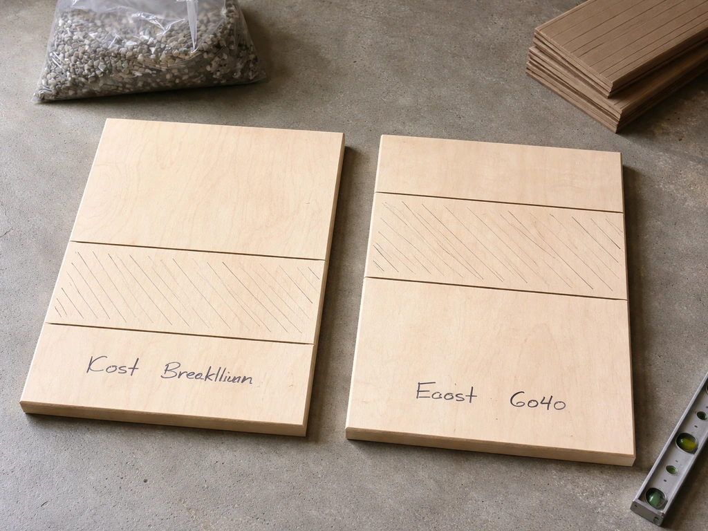 Minimal workbench scene with two simple split boards showing different cost proportions for patios vs decks.