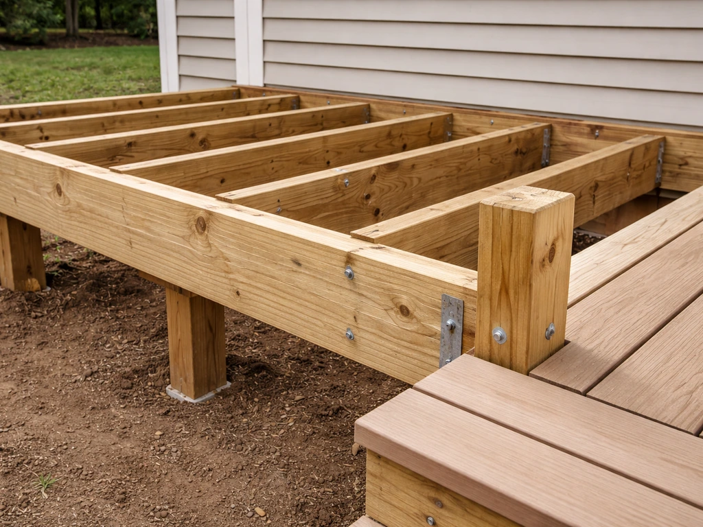 Close-up of deck framing with joists and ledger board, plus nearby decking boards and railing.