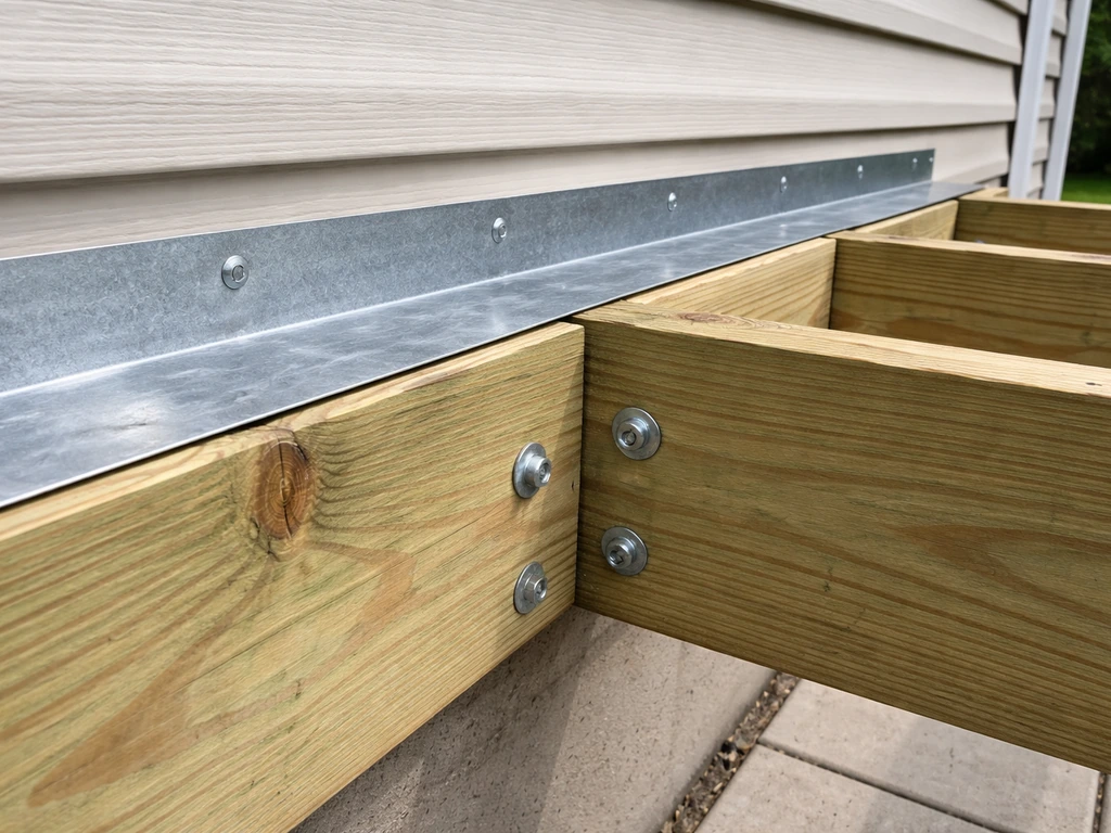 Close-up of a deck ledger board with properly lapped flashing and galvanized fasteners on a house rim.