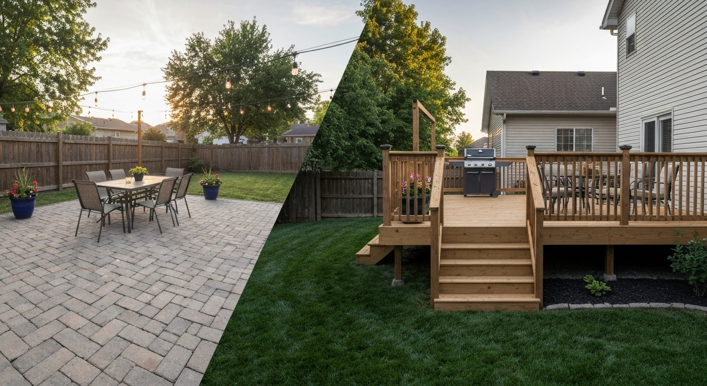 Split-view backyard showing a ground-level paver patio on one side and an elevated wood deck on the other to illustrate cost and design differences.