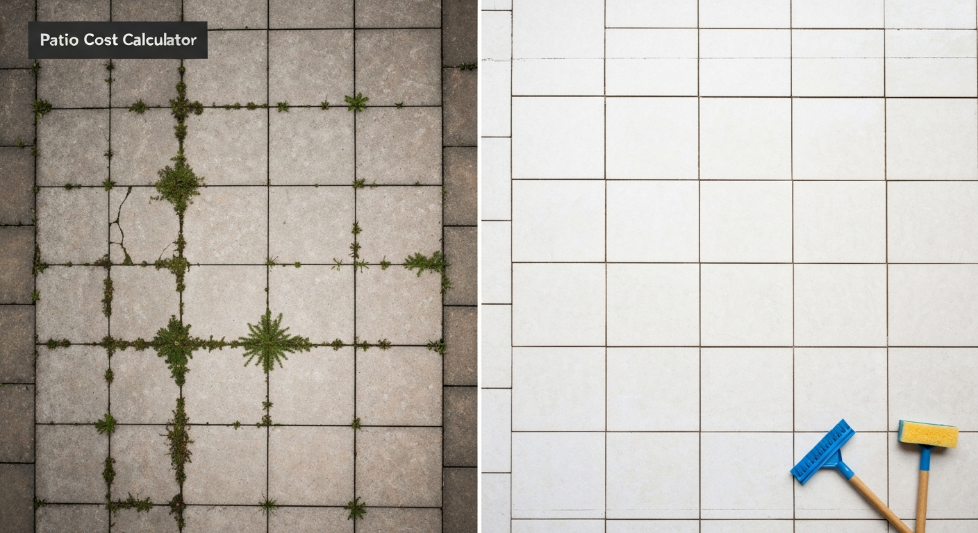 Split before-and-after photo of a backyard tiled patio: left side with cracked, missing grout and weeds; right side with fresh, clean grout and tools nearby.