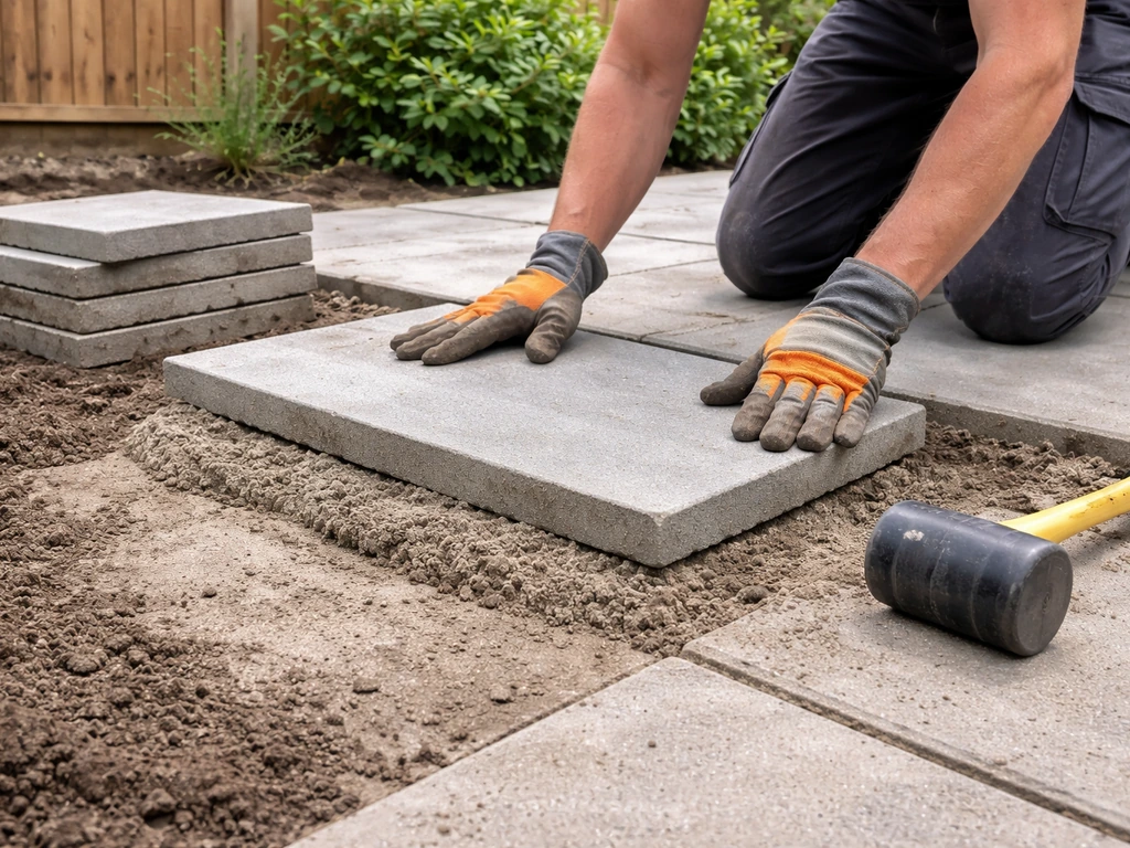 Contractor hands leveling paving slabs on a UK residential patio with tools and slab base visible.