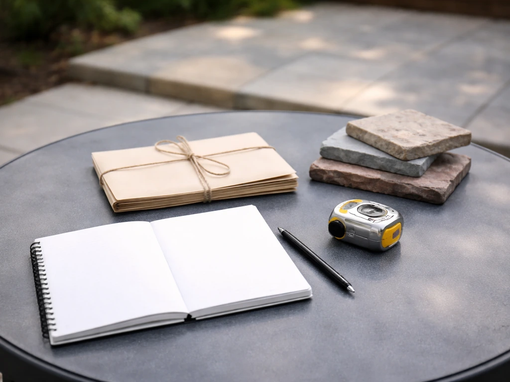 Minimal desk scene with a notepad, patio-price estimate envelopes, and a tape measure outdoors light.