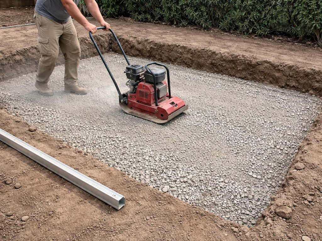 Contractor using a plate compactor to compact MOT Type 1 sub-base for a patio base after excavation.